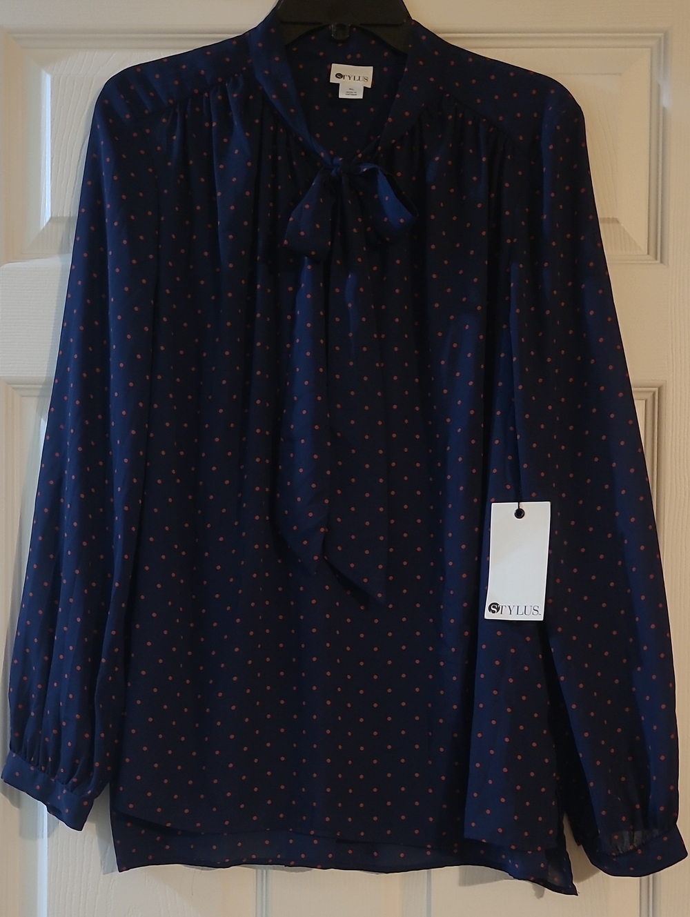 Stylus Navy Polka Dot Tie-Neck Blouse